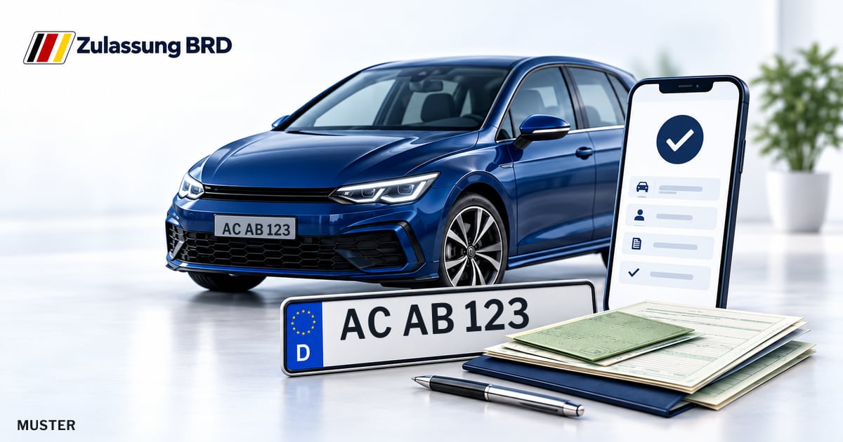 Online Fahrzeugzulassung in Herzogenrath: Musterkennzeichen AC AB 123, Auto und Fahrzeugpapiere und Smartphone. Illustration mit Logo von Zulassung BRD.